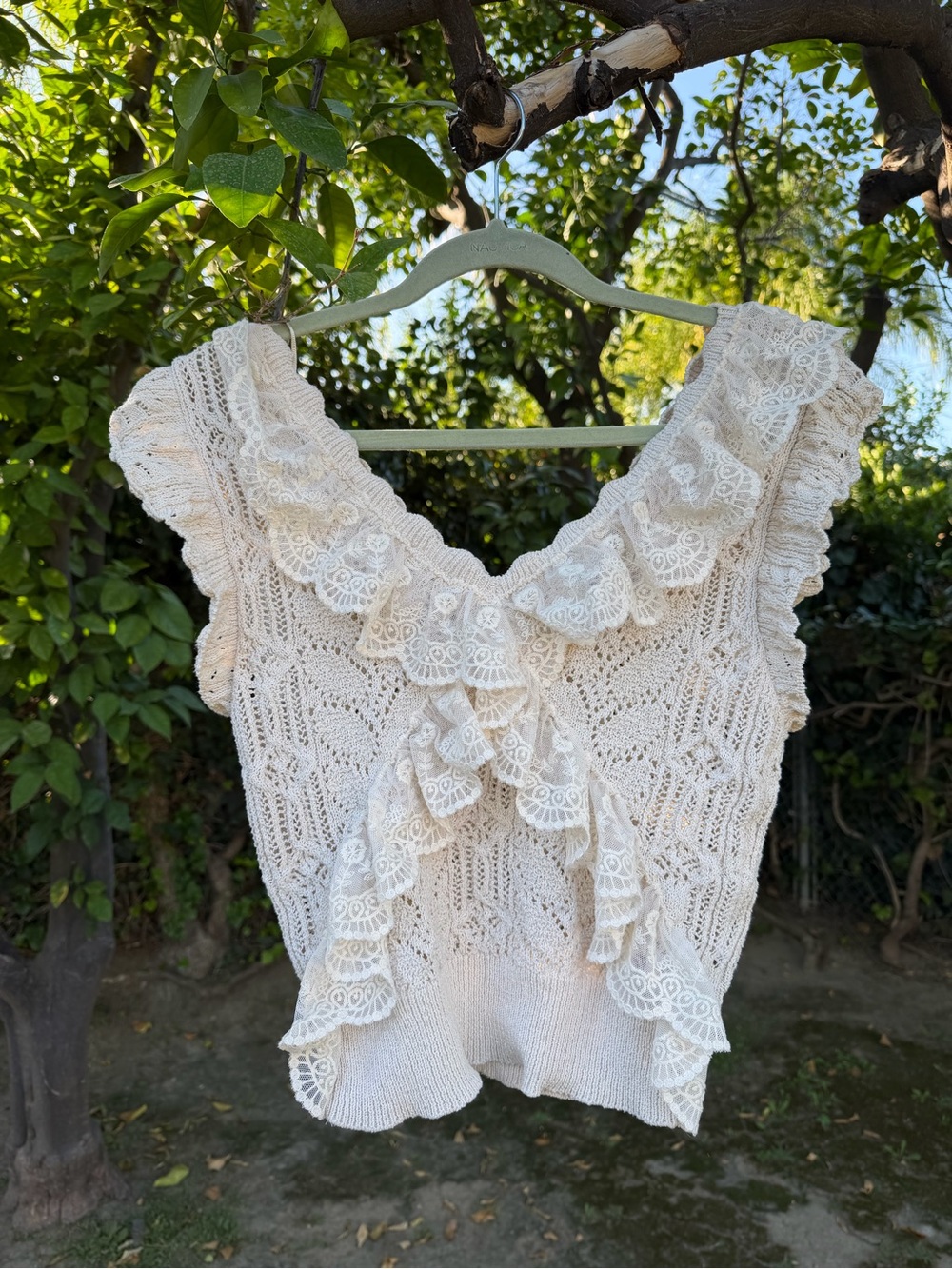 Crochet Lace Ruffle Knit Camisole - Cream